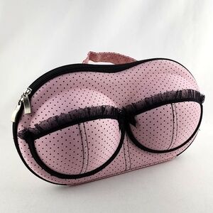 ⭐️3/ $30⭐️ Hard Bra Case Travel Carrier Portable Pink Black Polka Dots Lace